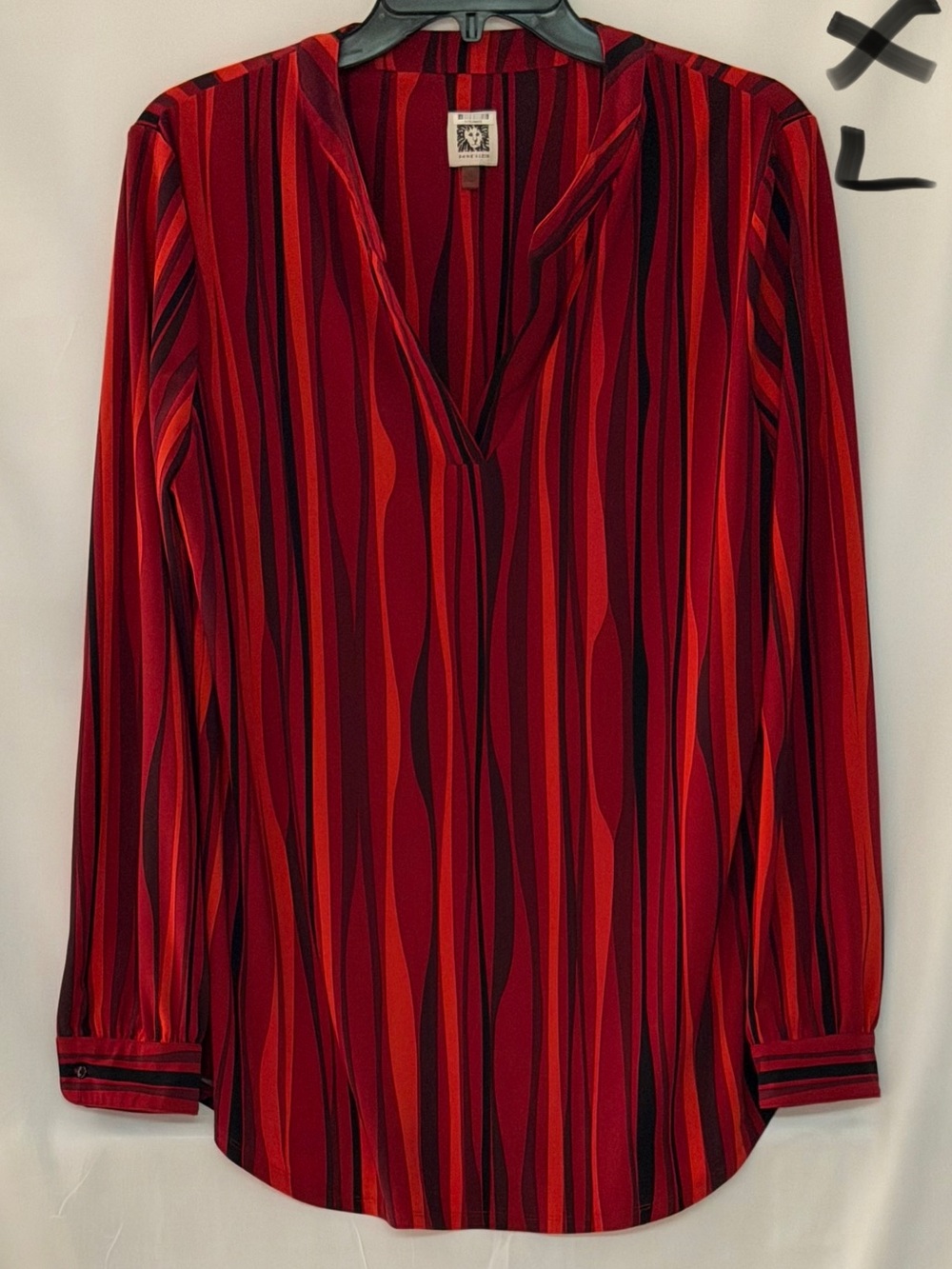 Anne Klein Red & Black Striped V-Neck Blouse